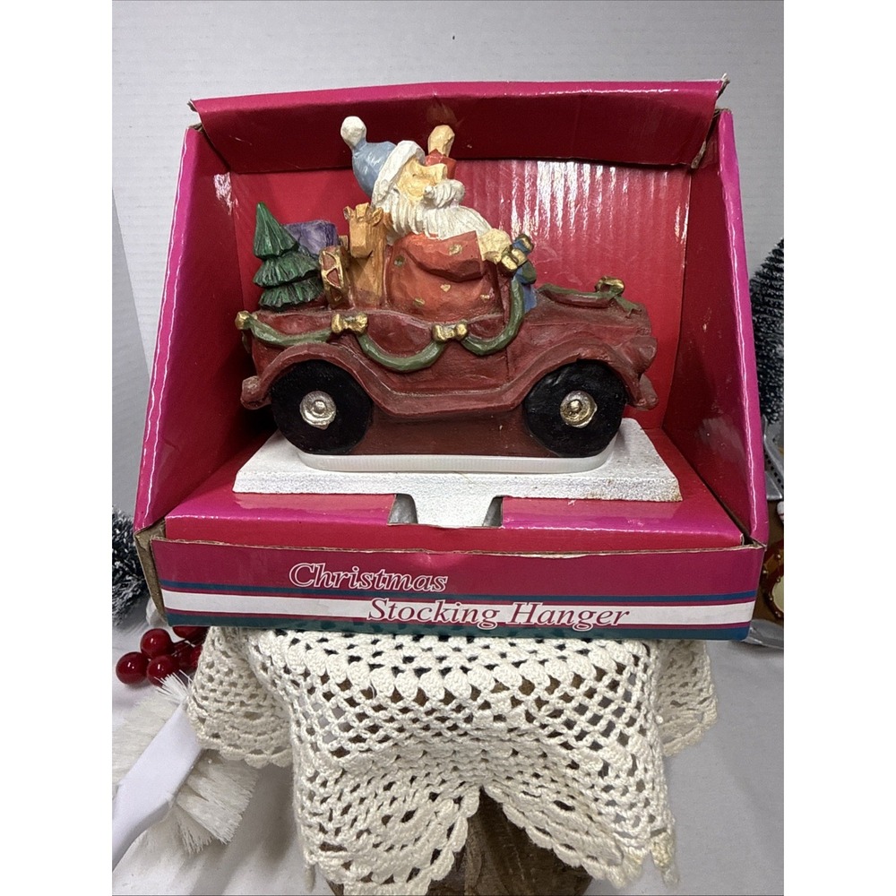 Cast Iron Hand Crafted Christmas Stocking Holder Santa In Vintage Car.5X3.5".